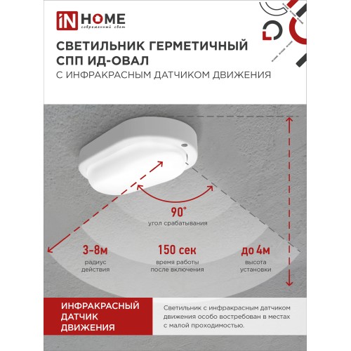 Светильник светодиодный герметичный СПП ИД-1565-ОВАЛ 15Вт 6500К 1350Лм с инфракрасным датчиком IP65 160х88мм IN HOME