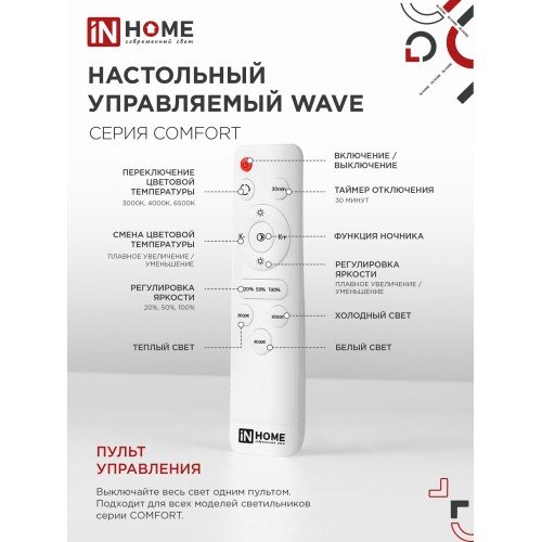 Светильник светодиодный COMFORT WAVE 55Вт 230В 3000-6500K 4400Лм 400x75мм с пультом ДУ IN HOME