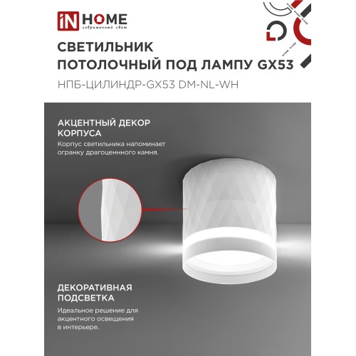 Светильник потолочный НПБ-ЦИЛИНДР-GX53 DM-NL-WH с подсветкой 82x80мм белый IN HOME