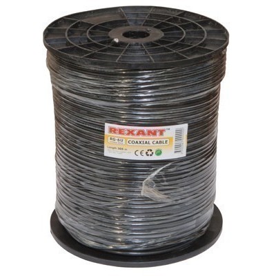 Кабель коаксиальный RG-6U, 75Ом, CCS/Al/Al, 64%, 305м, OUTDOOR, черный REXANT
