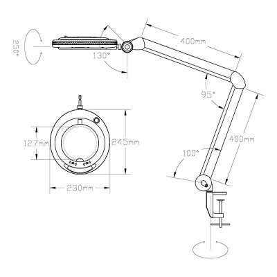 Лупа на струбцине круглая 3D с подсветкой 60 SMD LED, сенсорный регулятор яркости, ø127мм, белая REXANT