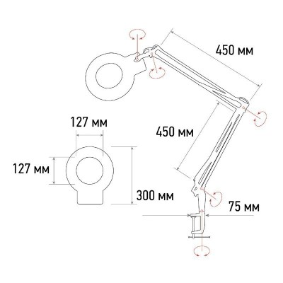 Лупа на струбцине круглая 5D с подсветкой 56 SMD LED, ø127мм, белая REXANT