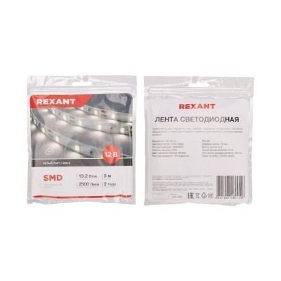 Лента светодиодная 12В, SMD2835, 19,2Вт/м, 240 LED/м, 4000K, 10мм, 5м,IP20 REXANT