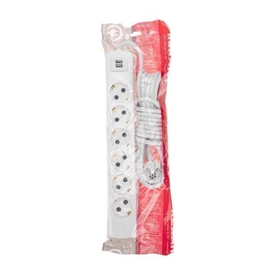 Удлинитель PREMIUM 6 гнезд, 5м, 3х1,5мм², с/з, 2 USB, белый REXANT