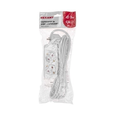 Удлинитель STANDARD 2 гнезда, 3м, 3х1,0мм², с/з, белый REXANT