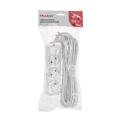 Удлинитель STANDARD 3 гнезда, 5м, 2х1,0мм², б/з, белый REXANT