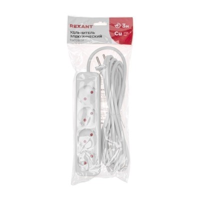 Удлинитель STANDARD 4 гнезда, 3м, 2х1,0мм², б/з, белый REXANT