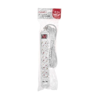 Удлинитель STANDARD 5 гнезд, 3м, 3х1,0мм², с/з, с выключателем, 2 USB, белый REXANT