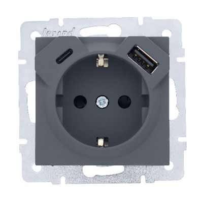 VESNA Розетка с заземлением + USB-разъем + Type C для смартфонов  графит
