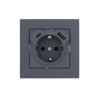 VESNA Розетка с заземлением + USB-разъем + Type C для смартфонов  графит
