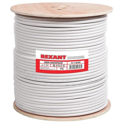 Кабель коаксиальный магистральный RG-11U, 75Ом, CCS/Al/Al, 83%, 305м, INDOOR, белый REXANT Кабель коаксиальный магистральный RG-11U, 75Ом, CCS/Al/Al, 83%, 305м, INDOOR, белый REXANT