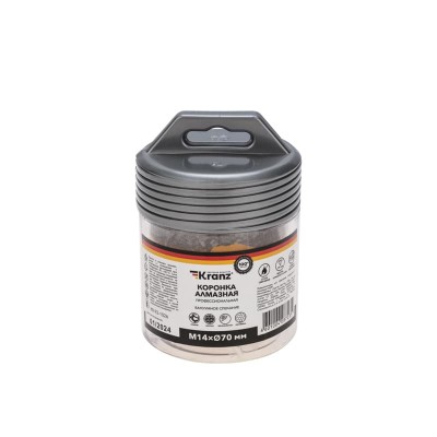 Коронка алмазная профессиональная по керамограниту и железобетону М14, вакуумное спекание, 70мм, для УШМ KRANZ Коронка алмазная профессиональная по керамограниту и железобетону М14, вакуумное спекание, 70мм, для УШМ KRANZ