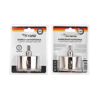 Коронка алмазная 70мм по керамограниту с центровочным сверлом KRANZ Коронка алмазная 70мм по керамограниту с центровочным сверлом KRANZ