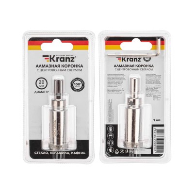 Коронка алмазная 20мм по керамограниту с центровочным сверлом KRANZ Коронка алмазная 20мм по керамограниту с центровочным сверлом KRANZ