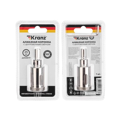 Коронка алмазная 25мм по керамограниту с центровочным сверлом KRANZ Коронка алмазная 25мм по керамограниту с центровочным сверлом KRANZ