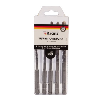 Набор буров по бетону 5-6х110х50, 6-8-10х160х100мм, 5 шт, в пластиковой коробке SDS PLUS KRANZ Набор буров по бетону 5-6х110х50, 6-8-10х160х100мм, 5 шт, в пластиковой коробке SDS PLUS KRANZ