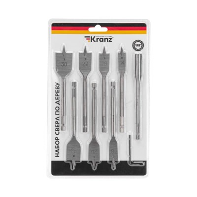 Набор сверл перовых по дереву 9 предметов: 14-16-18-20-22-25-30х152 мм, удлинитель, ключ угловой Kranz