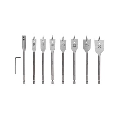 Набор сверл перовых по дереву 9 предметов: 14-16-18-20-22-25-30х152 мм, удлинитель, ключ угловой Kranz