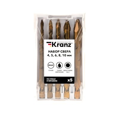 Набор сверл по стеклу и керамике, сухое сверление, 4-10 мм, 5 шт, пластиковый кейс KRANZ Набор сверл по стеклу и керамике, сухое сверление, 4-10 мм, 5 шт, пластиковый кейс KRANZ