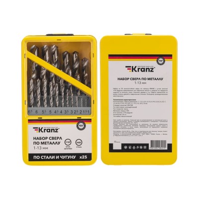 Набор сверл по металлу, 1-13мм (через 0,5мм), HSS, цилиндрический хвостовик, металлический кейс, 25 шт. KRANZ