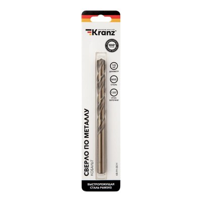 Сверло по металлу 10х133х87мм «Кобальт» (сталь HSS-Co 5% M35 P6M5K5) DIN 338, 1 шт. в блистере KRANZ Сверло по металлу 10х133х87мм «Кобальт» (сталь HSS-Co 5% M35 P6M5K5) DIN 338, 1 шт. в блистере KRANZ
