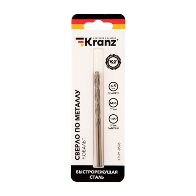 Сверло по металлу 4,5х80х47мм «Кобальт» (сталь HSS-Co 5% M35 P6M5K5) DIN 338, 1 шт. в блистере KRANZ Сверло по металлу 4,5х80х47мм «Кобальт» (сталь HSS-Co 5% M35 P6M5K5) DIN 338, 1 шт. в блистере KRANZ