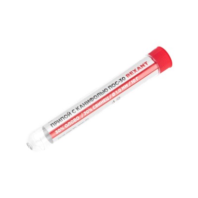 Припой с канифолью ПОС-30, 10г, Ø1мм, (олово 30%, свинец 70%), колба REXANT