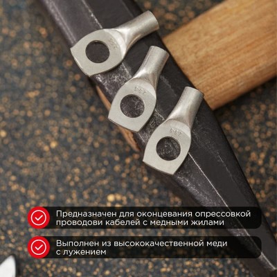 Наконечник медный луженый ТМЛ 16-8-6 (16мм² - Ø8мм) ГОСТ 7386-80 (в упак. 100 шт.) REXANT Наконечник медный луженый ТМЛ 16-8-6 (16мм² - Ø8мм) ГОСТ 7386-80 (в упак. 100 шт.) REXANT