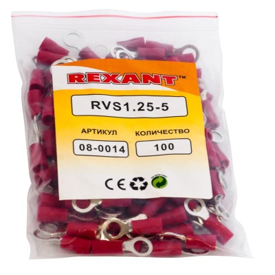 Наконечник кольцевой изолированный ø 5.3 мм 0.5-1.5 мм² (НКи 1.5-5/НКи 1,25-5) красный REXANT