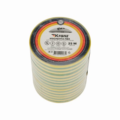 Изолента ПВХ 0,13х19мм, 25м, желто-зеленая KRANZ