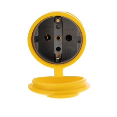 Розетка влагозащищенная переносная с крышкой 1 гнездо, с/з, 16А, IP54, каучук, желтая REXANT Розетка влагозащищенная переносная с крышкой 1 гнездо, с/з, 16А, IP54, каучук, желтая REXANT