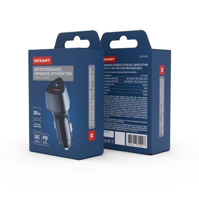 Автомобильное зарядное устройство c двумя портами (USB-A QC 3.0 + USB-C PD) cо световой индикацией, 20Вт, черное REXANT