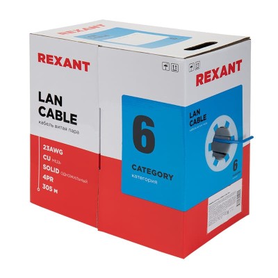 Кабель витая пара U/UTP, CAT 6, PVC, 23AWG, INDOOR, SOLID, синий, 305 м, REXANT Кабель витая пара U/UTP, CAT 6, PVC, 23AWG, INDOOR, SOLID, синий, 305 м, REXANT