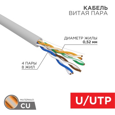 Кабель витая пара U/UTP, CAT 5е, LSZH нг(А)-HF, 4PR, 24AWG, внутренний, однопроволочный, серый, 305м, РФ REXANT