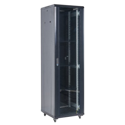 Шкаф телекоммуникационный напольный 19" 22U 600×600×1164мм, дверь стекло, задняя дверь металл, разборный, черный (RAL 9005) REXANT