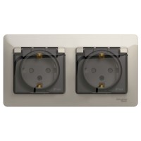 GLOSSA РОЗЕТКА двойная с заземлением со шторками с прозрачной крышкой,16А, IP44, в сборе, МОЛОЧНЫЙ