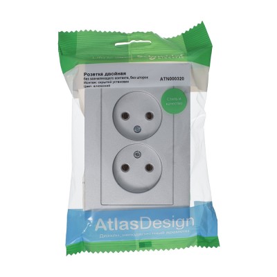 ATLASDESIGN РОЗЕТКА двойная без заземления, 16А, в сборе, АЛЮМИНИЙ