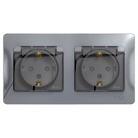 GLOSSA РОЗЕТКА двойная с заземлением со шторками с прозрачной крышкой,16А, IP44, в сборе, АЛЮМИНИЙ
