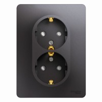 GLOSSA РОЗЕТКА двойная с заземлением со шторками, 16А, в сборе, ГРАФИТ
