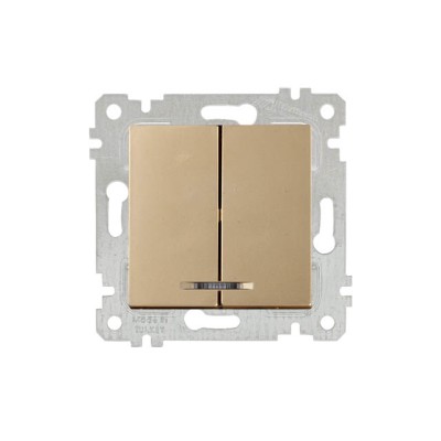 Выключатель 2-клав. (с подсветкой, скрытый, без рамки, винт. зажим) золото, RITA, MUTLUSAN