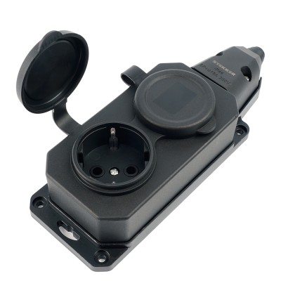 Розетка переносная 2-местная c/з STEKKER,RST16-2-44, 250В, 16А, IP44, черный 50805