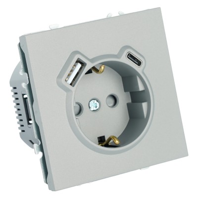 Розетка 1-местная з/ш с/з 16А + USB + Type C (механизм), Stekker, 250В, 20W, серия Эмили, платиново-серый, soft-touch, RST16-5119-10 50219