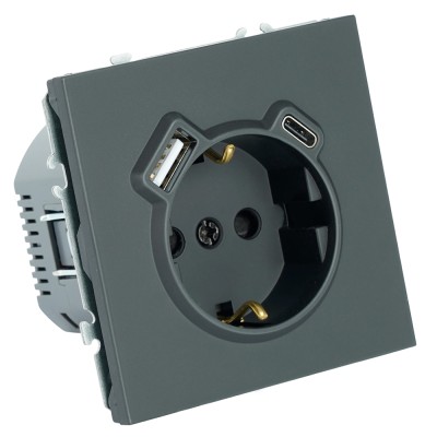 Розетка 1-местная з/ш с/з 16А + USB + Type C (механизм), Stekker, 250В, 20W, серия Эмили, черный уголь, soft-touch, RST16-5119-05 50218