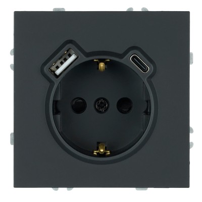 Розетка 1-местная з/ш с/з 16А + USB + Type C (механизм), Stekker, 250В, 20W, серия Эмили, черный уголь, soft-touch, RST16-5119-05 50218