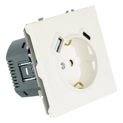 Розетка 1-местная з/ш с/з 16А + USB + Type C (механизм), Stekker, 250В, 20W, серия Эмили, белый фарфор, soft-touch, RST16-5119-01 50217