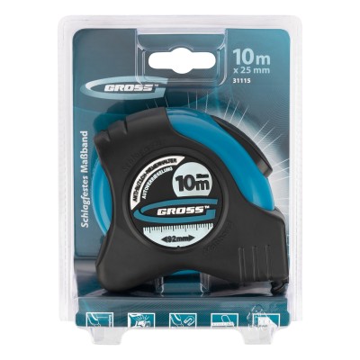 Рулетка "Schlagfest",10 м x 25 мм,магнитный обрезиненный зацеп,двусторонняя шкала,автоматическая фиксация Gross