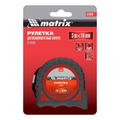 Рулетка Strong,3 м х 16 мм,обрезиненный корпус Matrix Рулетка Strong,3 м х 16 мм,обрезиненный корпус Matrix