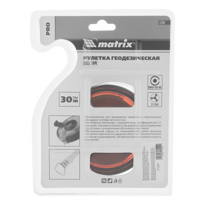Рулетка геодезическая 30 м х 12,5 мм, закрытый корпус, стальная лента, односторонняя шкала, Pro Matrix