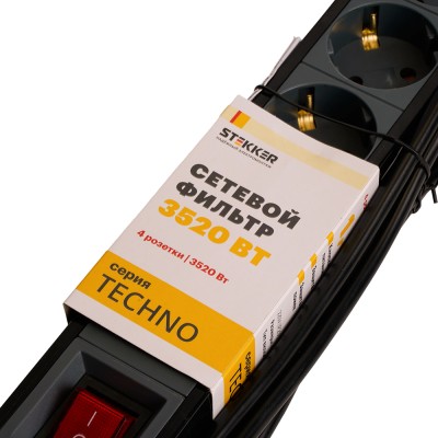 HM22-41-03 Сетевой фильтр 4-местный с/з 3x1мм2, 3 м, 250В, 16А, серия Techno, черный HM22-41-03 Сетевой фильтр 4-местный с/з 3x1мм2, 3 м, 250В, 16А, серия Techno, черный