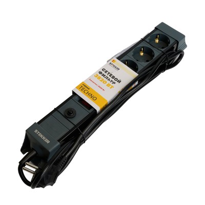 HM22-31-03 Сетевой фильтр 3-местный с/з 3x1мм2, 3 м, 250В, 16А, серия Techno, черный